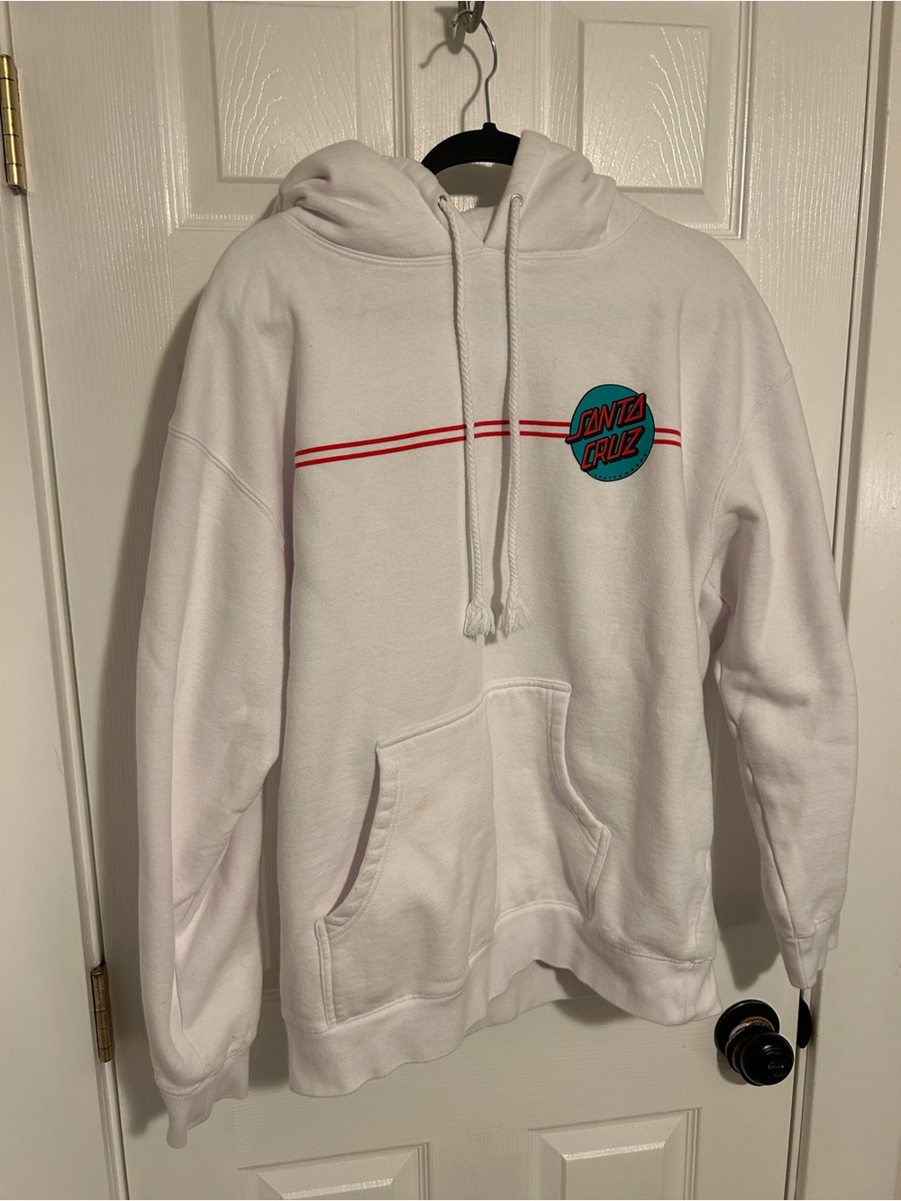 Santa Cruz Skateboards White Hoodie with Teal Logo and Red Stripe